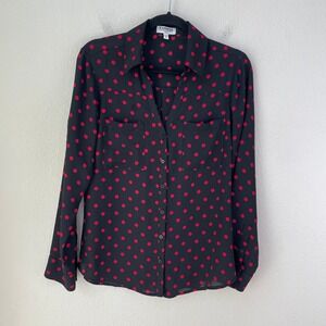 Express Portofino Shirt Womens Medium Slim Black Red Polka Dot Button Up Blouse‎